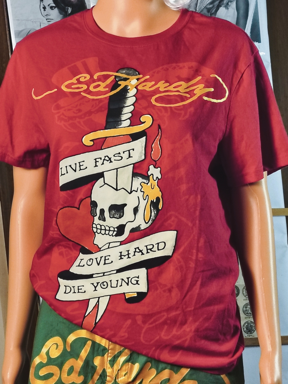 Ed Hardy Live Fast Love Hard Red Graphic T-Shirt S Skull Dagger Y2K
